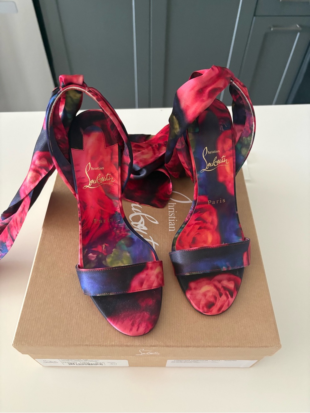 Christian Louboutin Floral Satin Ankle-Tie Heels in Red and Purple